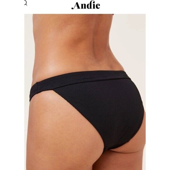 Andie Swim The Banded Cheeky Rib Bikini Bottom Stretch Black Medium NWTS New E - Picture 2 of 4